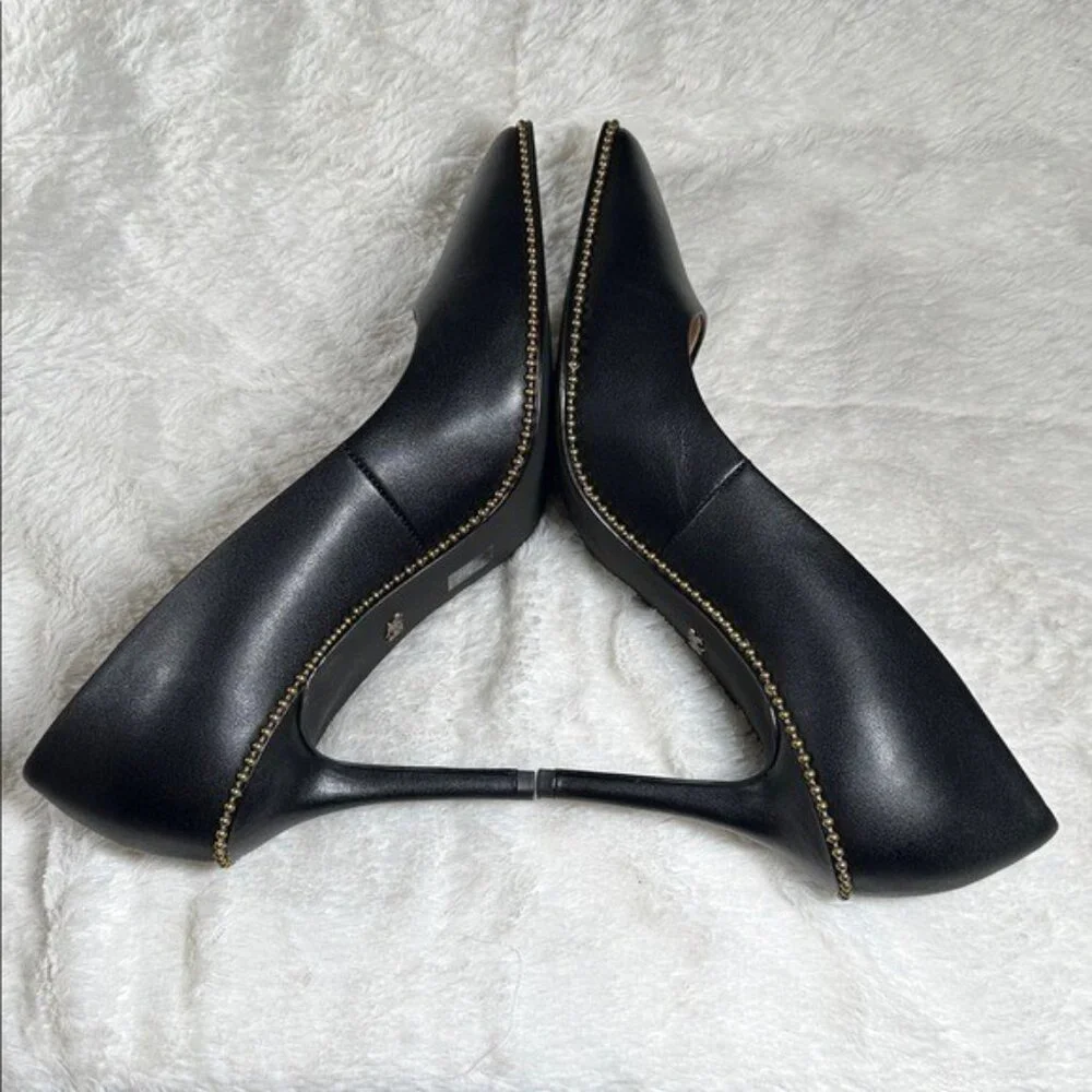Coach Waverly Beadchain Leather Heels Black Gold Shoes - Picture 6 of 16